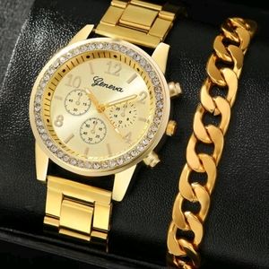 NEW MENS GOLD  LUXURY TRIPLE DIAL  HIP HOP CUBAN WATCH WITH MATCHING BRACELET